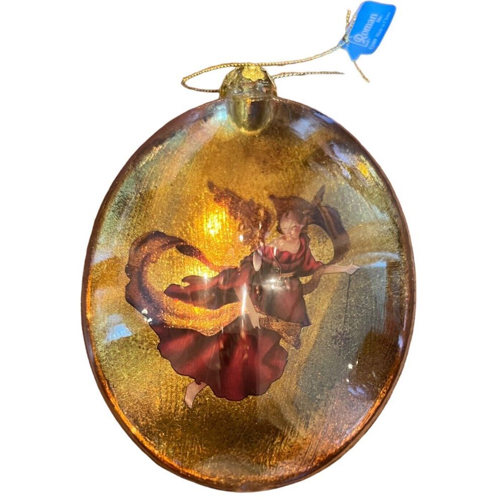 Roman 3D Christmas Ornament Angel Behind Glass‎ 2009 Front/Glass Back/Gold 5.5"